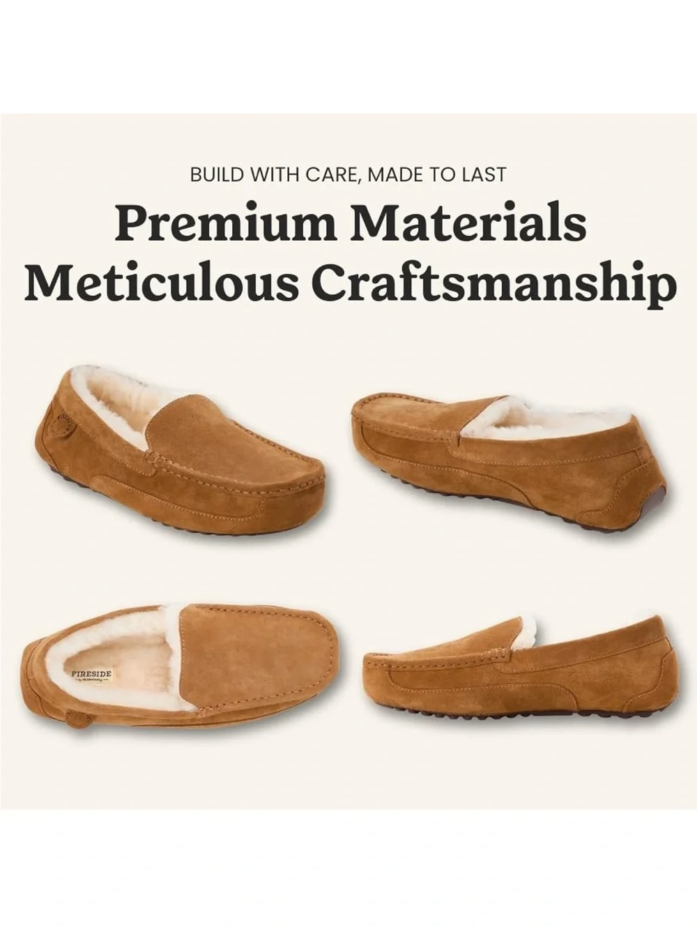 Fireside Men's Suede Shearling Lined Moccasin Slippers - Tan